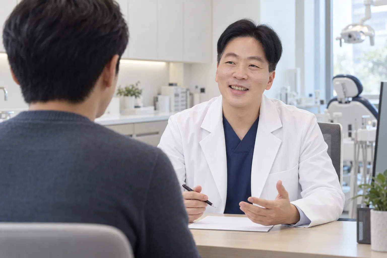 상담실에서 한정길 대표원장이 내원객과 마주 앉아 이야기를 나누는 모습을 표현한 연출 이미지(AI 제작)