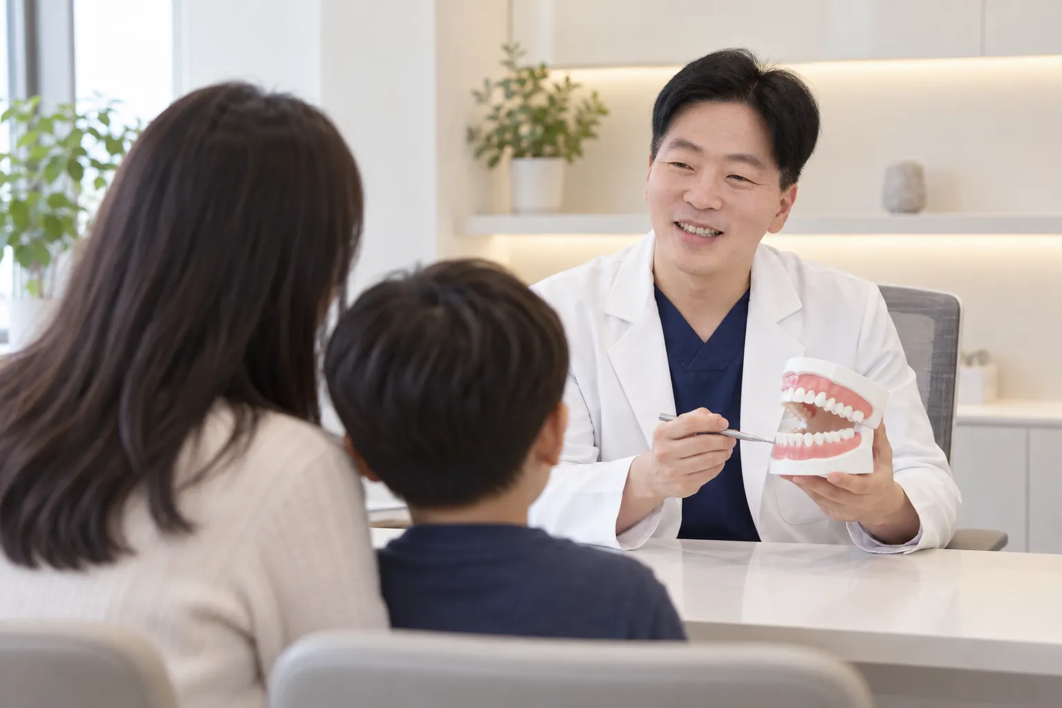 상담실에서 한정길 대표원장이 치아 모형으로 보호자와 아이에게 설명하는 모습을 표현한 연출 이미지(AI 제작)
