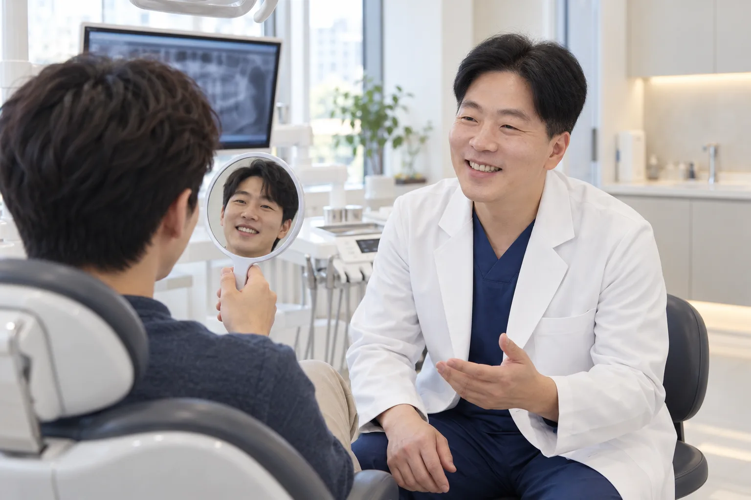 진료 공간에서 한정길 대표원장이 손거울을 든 내원객과 이야기를 나누는 모습을 표현한 연출 이미지(AI 제작)