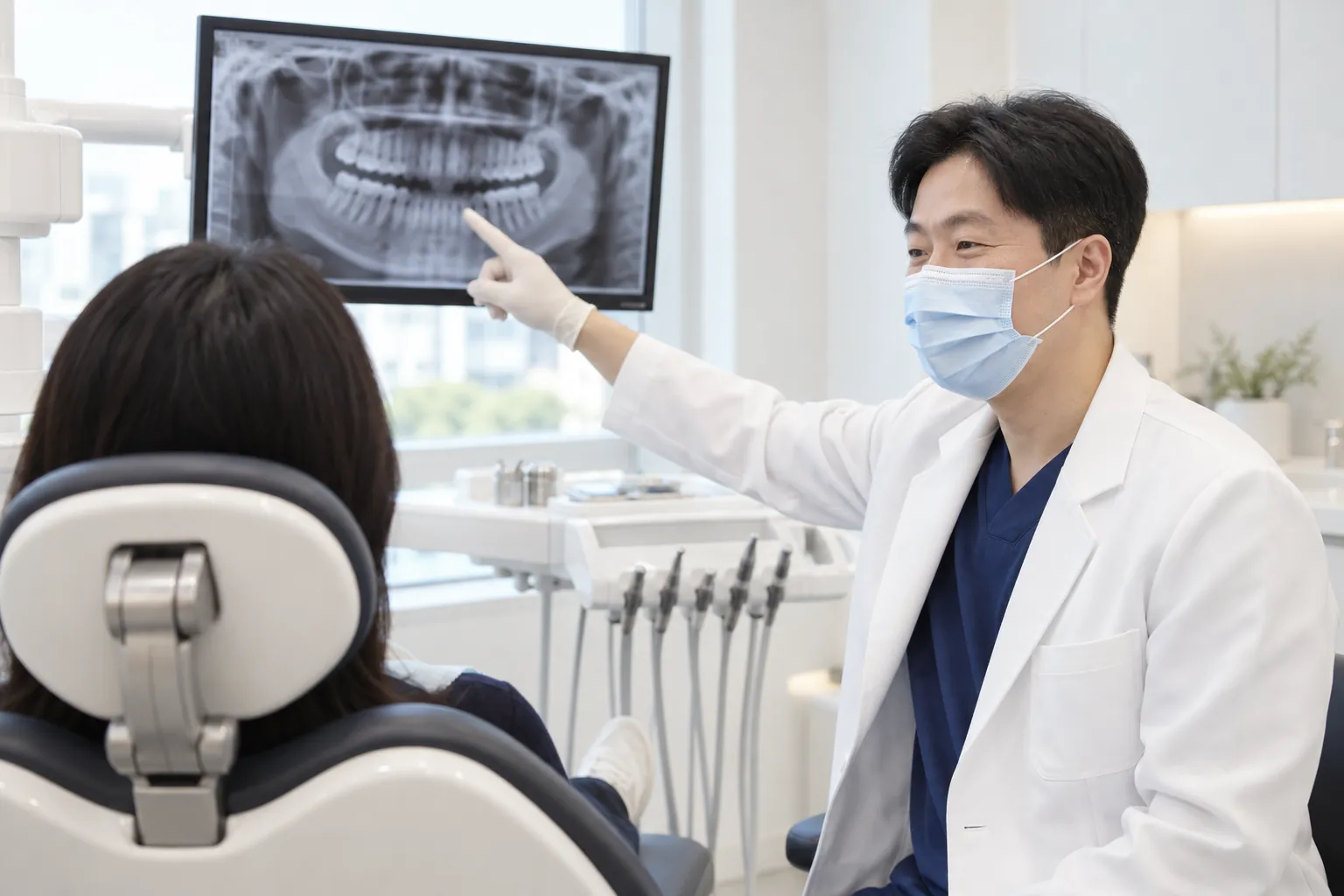진료실에서 한정길 대표원장이 모니터의 파노라마 영상을 가리키며 내원객에게 설명하는 모습을 표현한 연출 이미지(AI 제작)