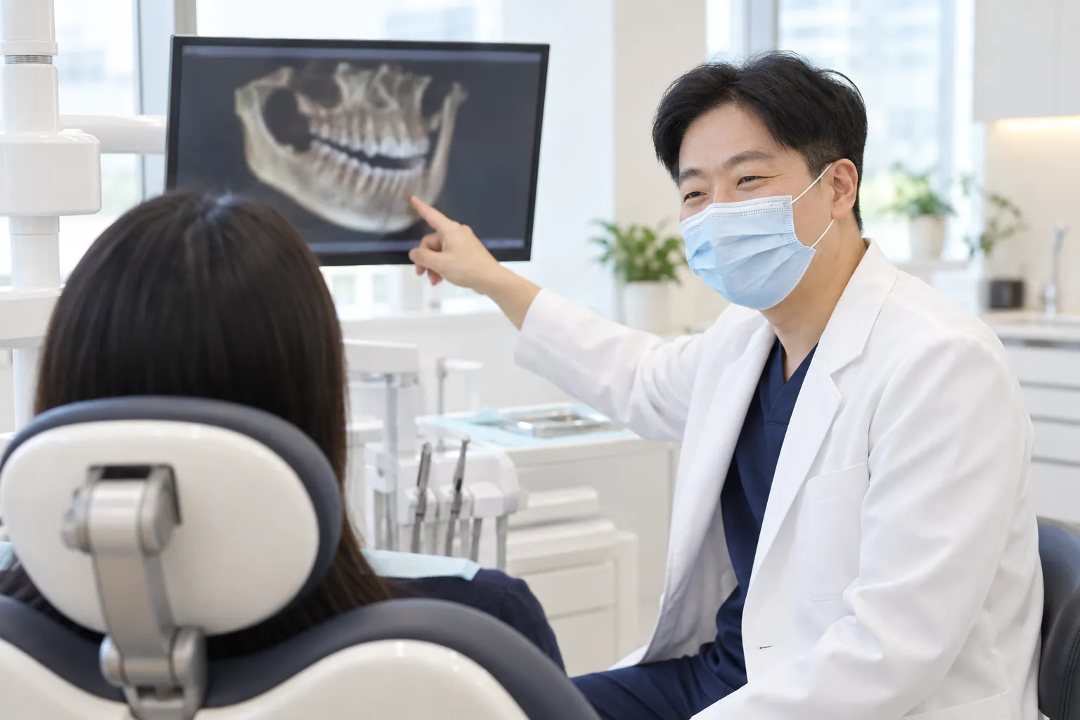 진료실에서 한정길 대표원장이 모니터의 3차원 영상을 가리키며 내원객에게 설명하는 모습을 표현한 연출 이미지(AI 제작)