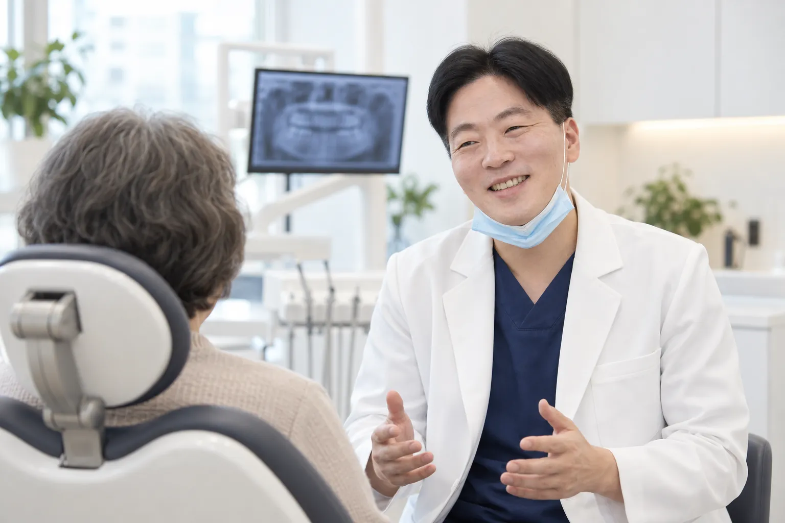 진료실에서 한정길 대표원장이 의자에 앉은 어르신 내원객과 이야기를 나누는 모습을 표현한 연출 이미지(AI 제작)