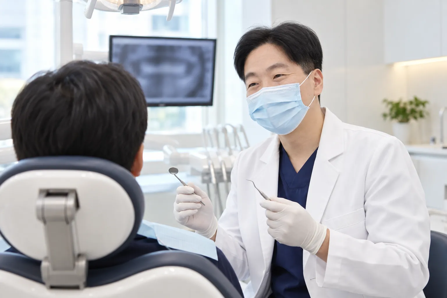 진료실에서 한정길 대표원장이 진료 전에 내원객에게 설명하는 모습을 표현한 연출 이미지(AI 제작)