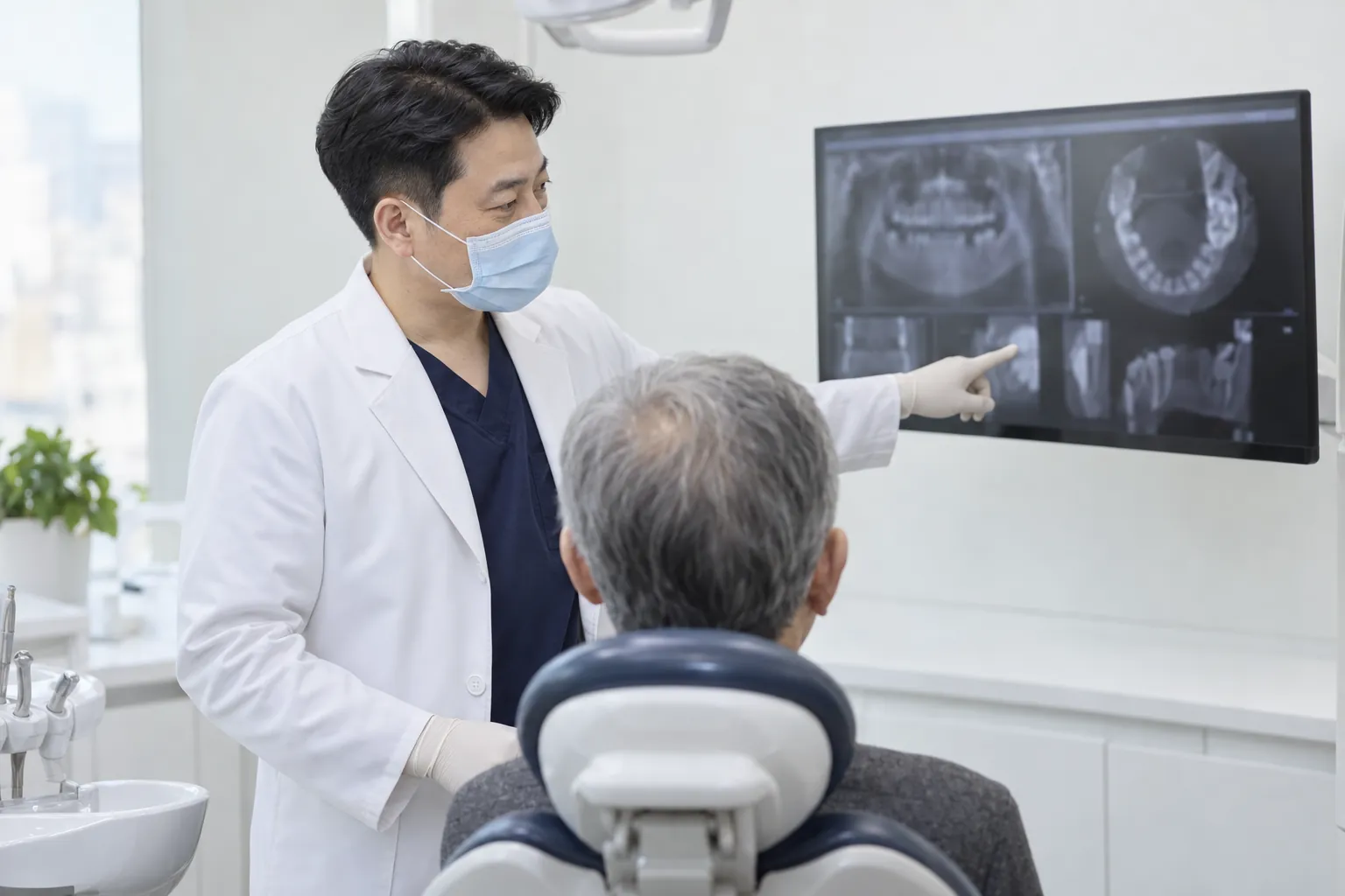 진료실에서 한정길 대표원장이 모니터의 CT 영상을 가리키며 어르신 내원객에게 설명하는 모습을 표현한 연출 이미지(AI 제작)